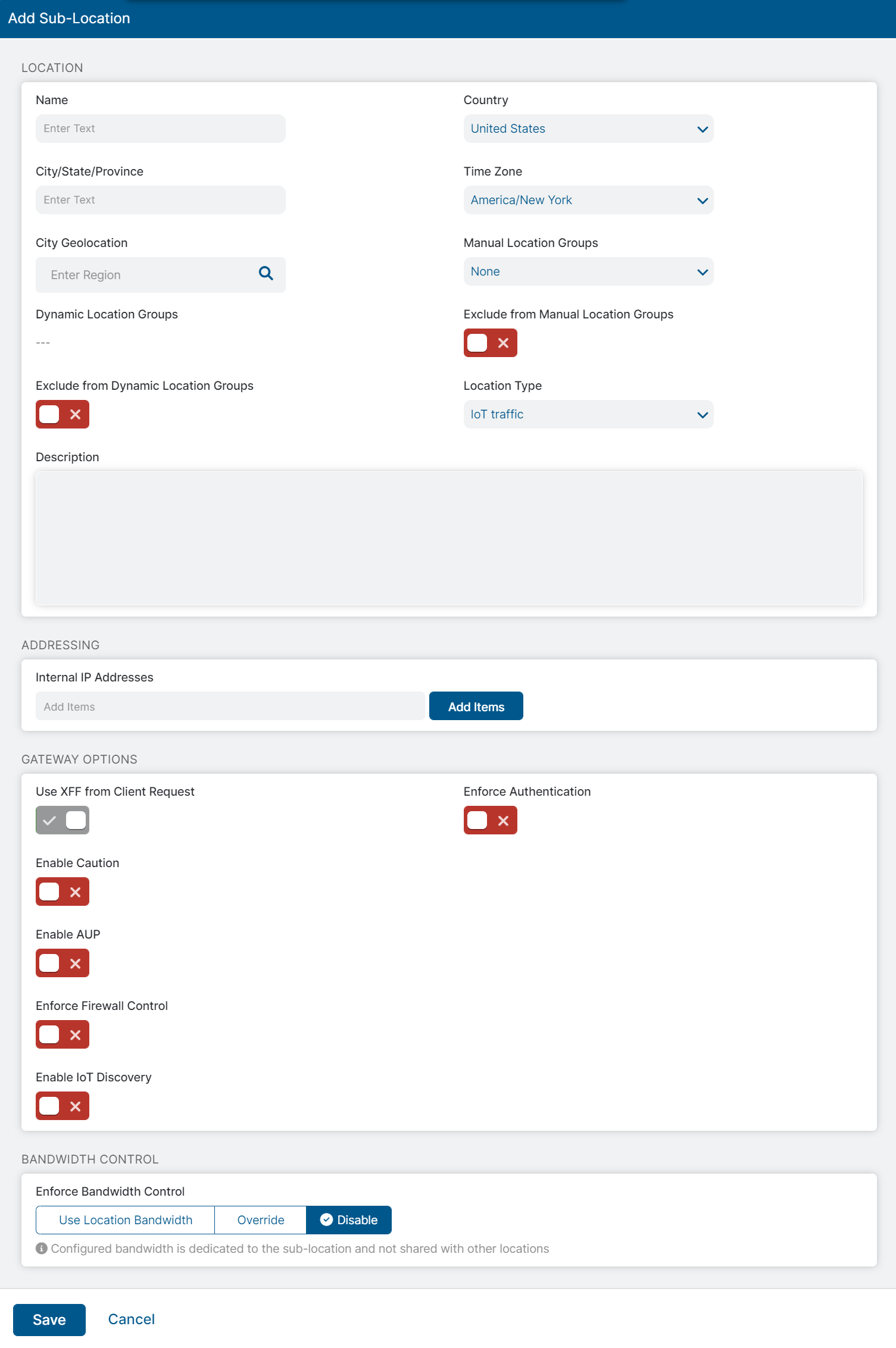 Add Sublocation window in ZIA Admin Portal